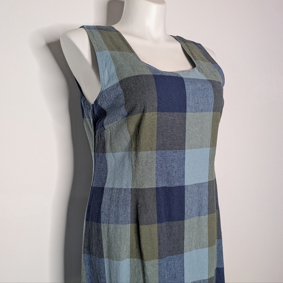 Christopher & Banks Blue Green Plaid Stripes Sleeveless Square Neck Midi Dress - Picture 3 of 7